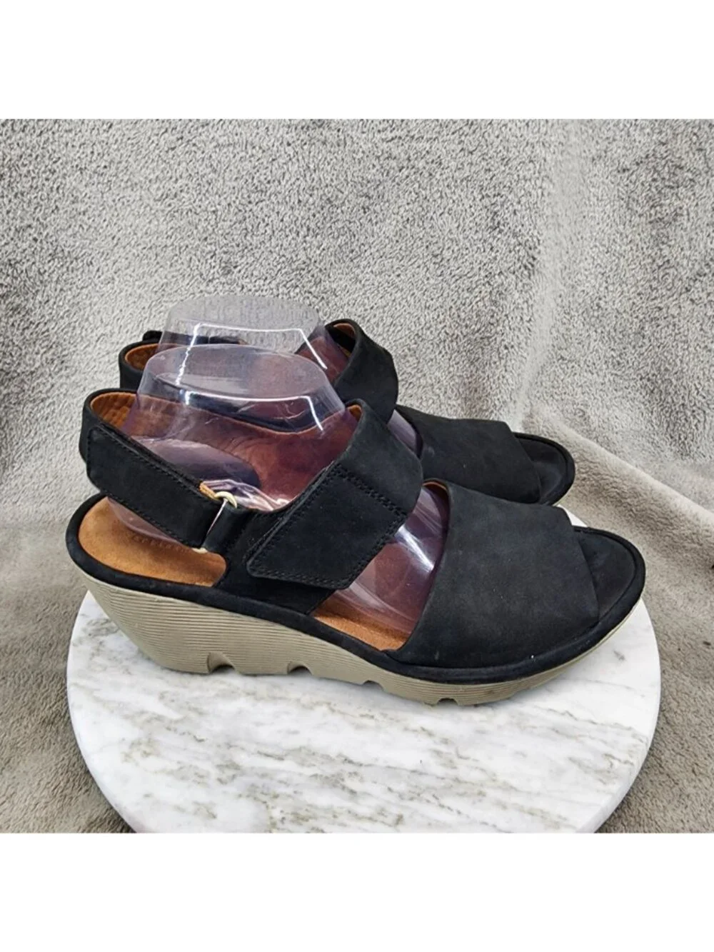 Clarks Shoes Womens Size 10 Black Nubuck Clarene Aluure Wedge Sandals *Read*